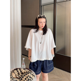 VOGANA戛纳家大码女装韩版夏日纯色减龄纯欲木耳边短袖宽松棉t恤