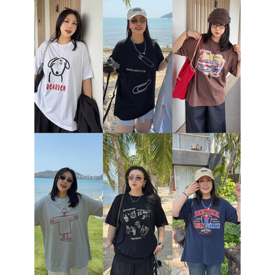 VOGANA戛纳家大码女装韩调设计感休闲减龄美式校园全棉短袖t恤女