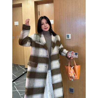 VOGANA戛纳家大码女装首尔恋人冬日复古格子夹棉保暖正肩毛呢大衣