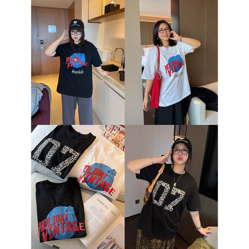 VOGANA戛纳家大码女装行走酷帅girl休闲慵懒宽松显瘦短袖棉t恤