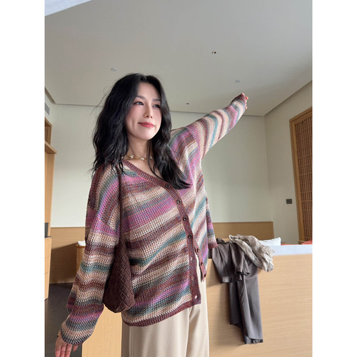 vogana戛纳家大码女装多巴胺早秋气质宽松上衣莱赛尔亚麻针织开衫