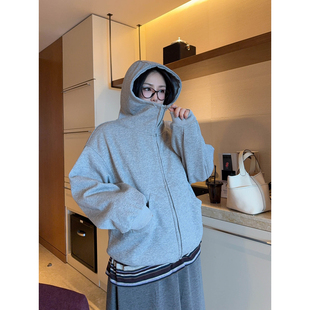 VOGANA戛纳家大码 慵懒时髦休闲连帽卫衣秋宽松懒人舒适外套 女装