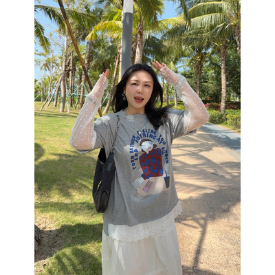 VOGANA戛纳家大码女装韩系个性拼接上衣纯欲蕾丝宽松假两件t恤