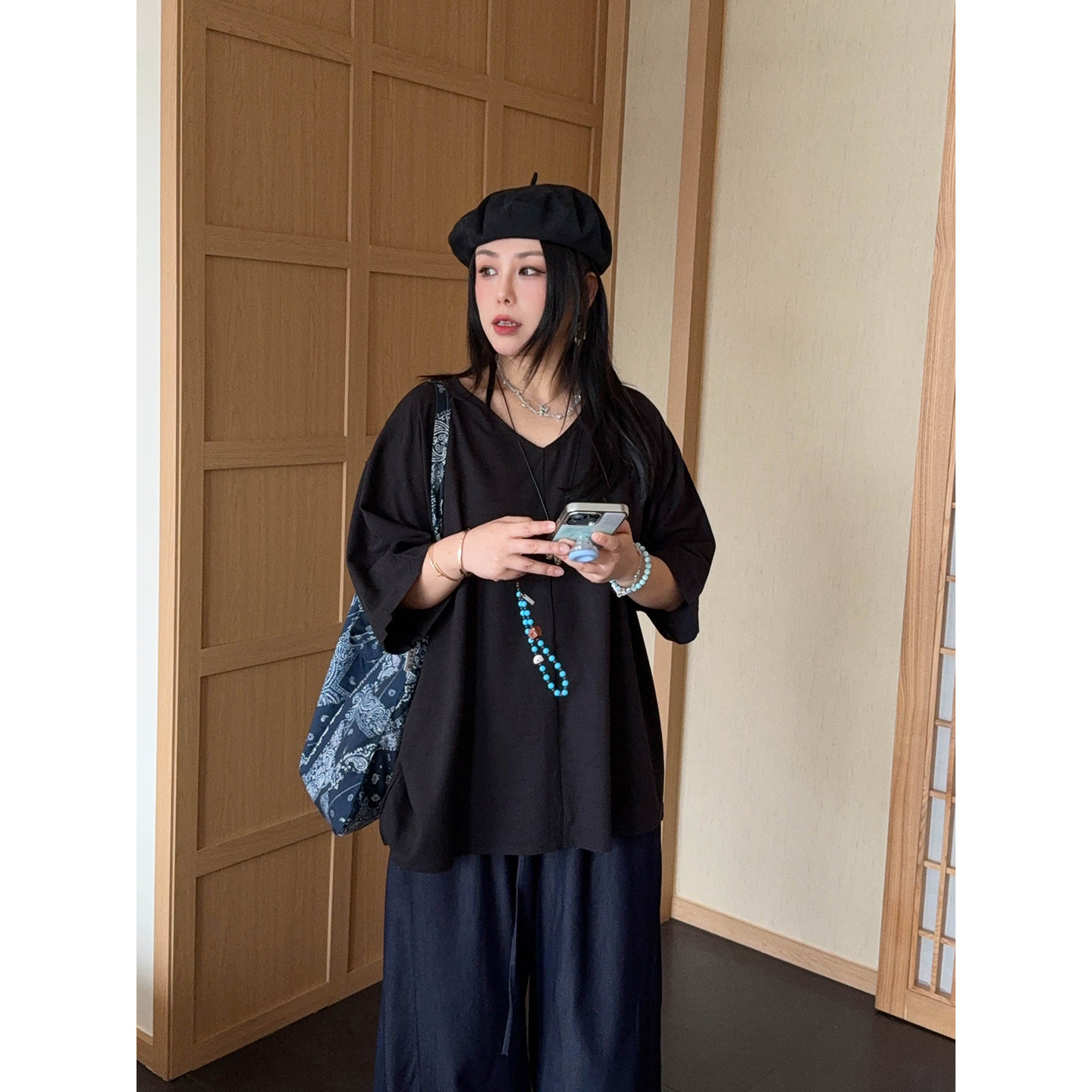 vogana戛纳家大码女装row系简约慵懒随性宽松显瘦纯色V领衬衫上衣