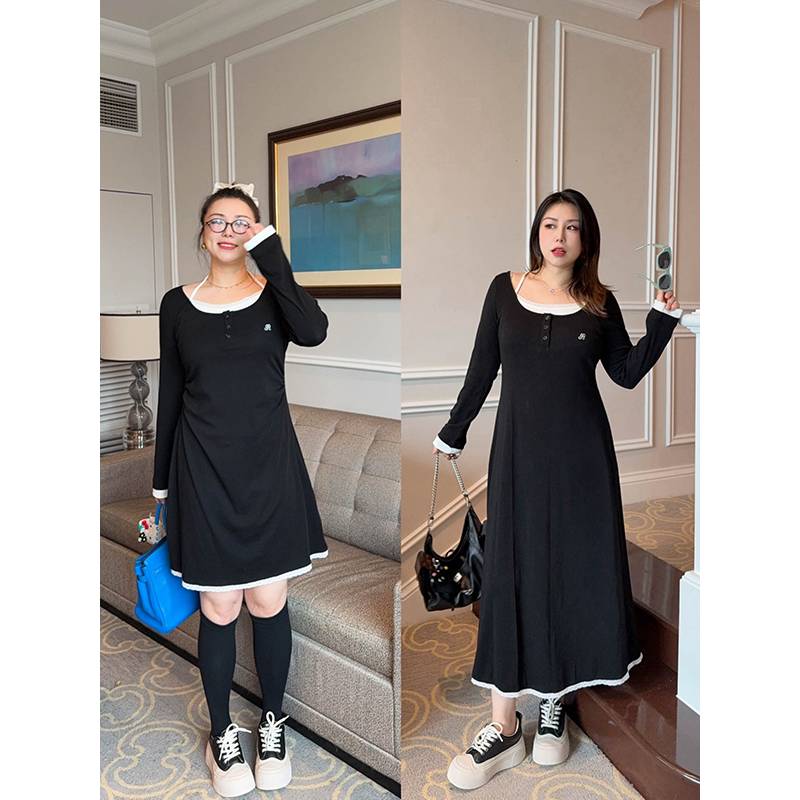 VOGANA戛纳家大码女装纯欲辣妹假两件蕾丝拼接挂脖收腰连衣裙长短