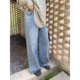 VOGANA戛纳家大码 高腰宽松牛仔裤 女装 松弛百搭复古格纹拼接直筒裤