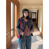 VOGANA戛纳家大码 高智韩系休闲时髦假两件复古格纹拼接上衣 女装