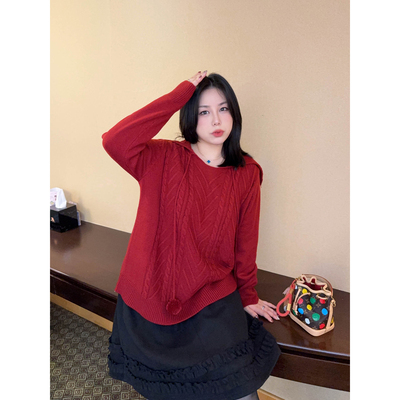 VOGANA戛纳家大码女装暖岁如意红新年上衣冬股线针织保暖翻领毛衣