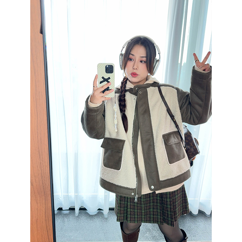 外套羊羔毛拼接温暖显瘦皮衣