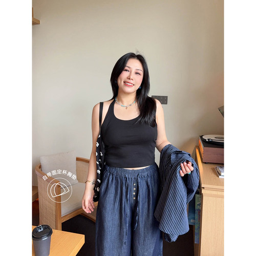 VOGANA戛纳家大码女装辣妹固定杯胸垫显瘦头肩比遮副乳挂脖背心夏