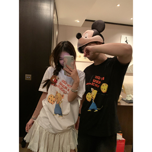 ASHENONLINE 女t恤夏 曲奇鼠鼠 上衣休闲可爱纯棉圆领宽松白色短袖