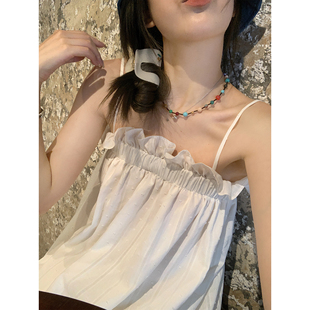 ASHENONLINE 甜美宽松纯棉花边白色吊带上衣女 丹麦童话 背心夏季