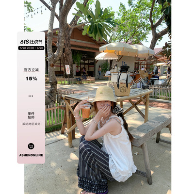 ASHENONLINE 甜梦白花 木耳边上衣夏季纯欲显瘦设计无袖吊带背心
