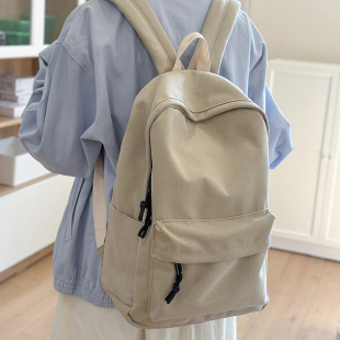 加厚水洗帆布双肩包女纯色简约高级感大学生书包女休闲旅行背包男