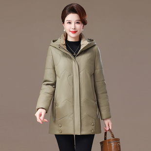 冬装绵羊皮真皮棉衣中老年女连帽皮外套大码妈妈装中长羊驼绒棉服