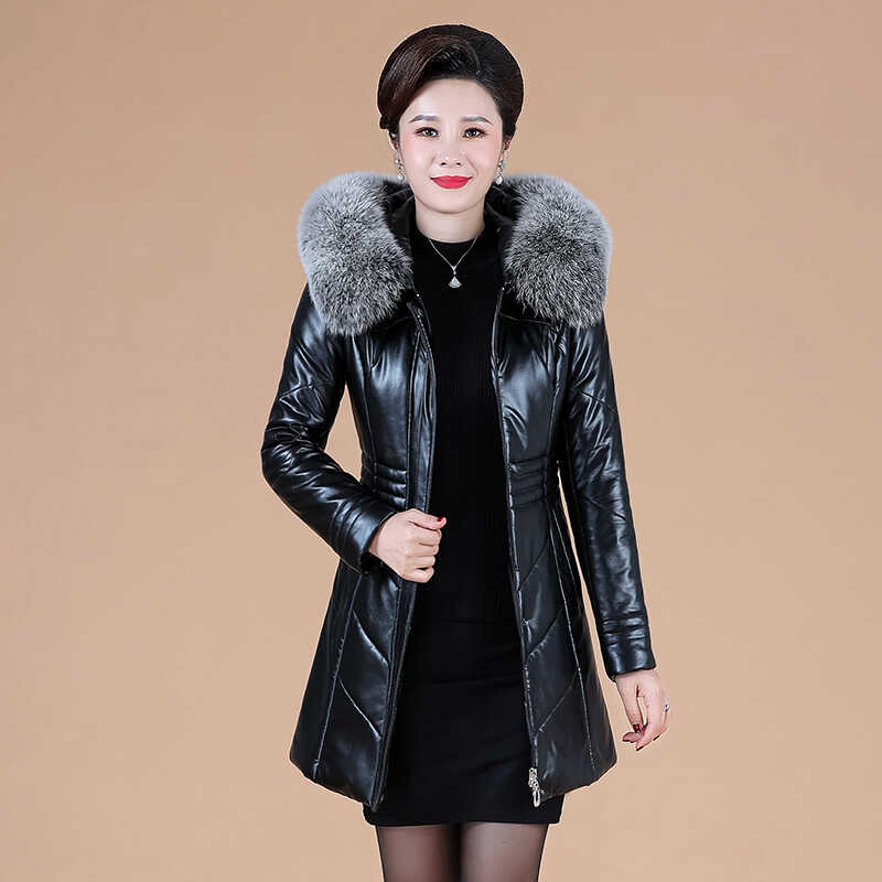 凯迪娜梦皮衣2025新款真皮棉衣女中长款妈妈冬装羊驼绒外套厚棉服
