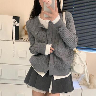 春秋假两件100%羊毛开衫女圆领拼色麻花长袖小马刺绣针织毛衣外套