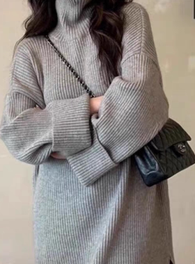 温柔风高领纯羊毛针织衫女中长款加厚抽条套头毛衣显瘦打底衫