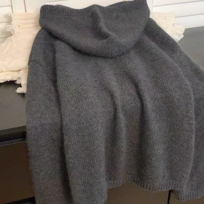 灰色连帽毛衣女100%纯纯羊毛衫欧货加厚秋冬带帽慵懒风针织帽衫