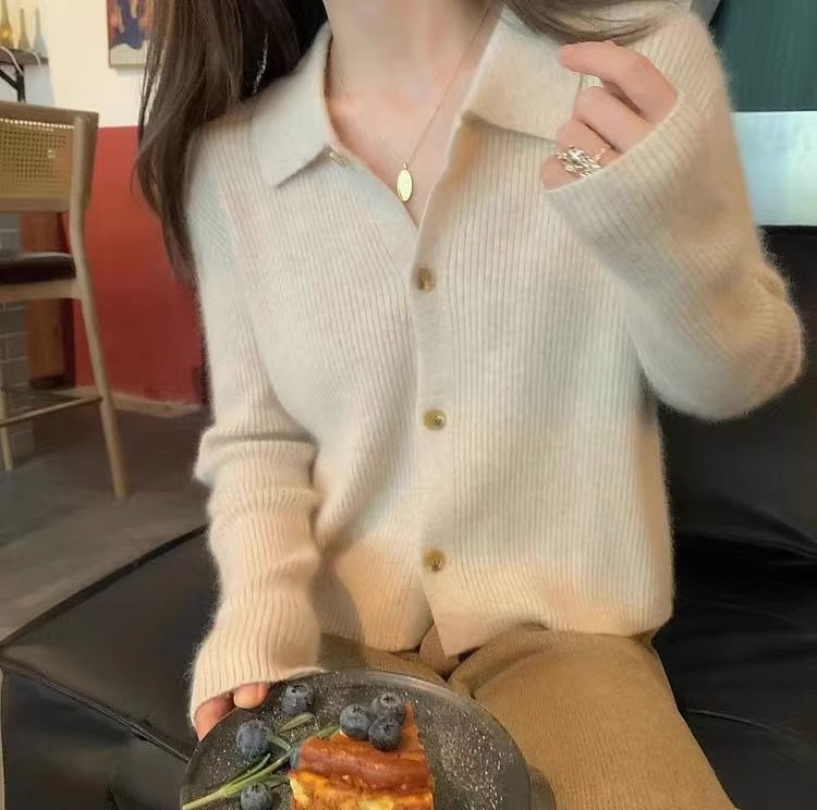 法式抽条100%纯羊毛POLO领开衫女宽松慵懒风百搭针织毛衣外套秋潮