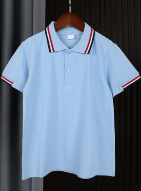 2023夏季童装校服短袖POLO衫浅蓝色红边领半袖T恤男女童学院班服