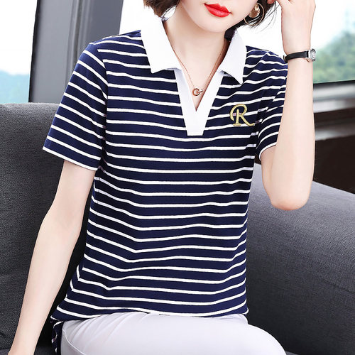 纯棉条纹短袖t恤女装2026夏季新款洋气妈妈polo衫大码女士上衣服