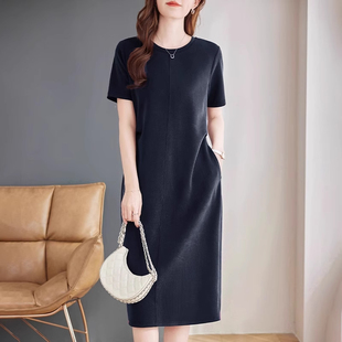 短袖宽松连衣裙女装2025夏季新款大码时尚胖mm中长款遮肚女士裙子