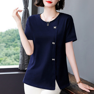 t恤女装 大码 2025夏季 洋气妈妈体恤衫 胖mm宽松上衣服 新款 纯棉短袖