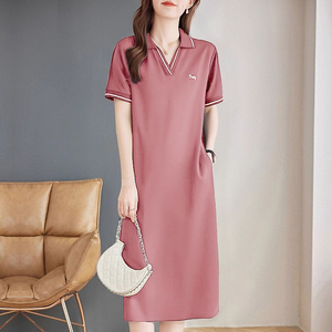 翻领短袖连衣裙女2025夏季新款中长款妈妈直筒裙大码百搭休闲裙子