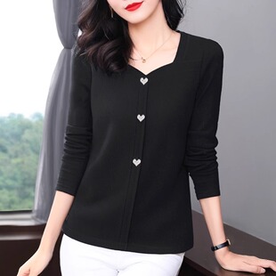 纯棉长袖t恤女秋冬2025新款黑色妈妈宽松上衣大码胖mm女士打底衫