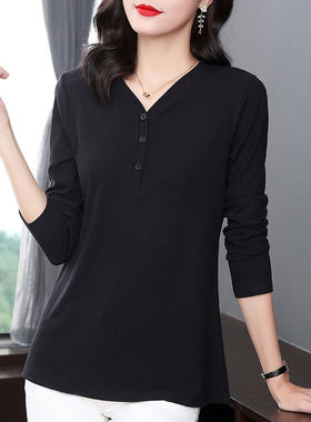 纯棉打底衫女长袖t恤黑色v领上衣