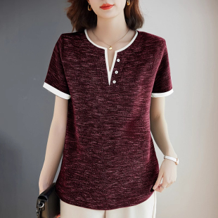大码 撞色短袖 洋气妈妈体恤衫 新款 胖mm宽松显瘦v领上衣服 t恤女夏季