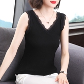 吊带背心女夏季 新款 黑色无袖 大码 蕾丝性感v领上衣百搭女士打底衫