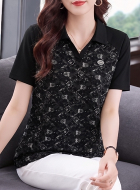黑色短袖t恤女装夏季新款中年妈妈洋气polo衫宽松胖mm百搭上衣服