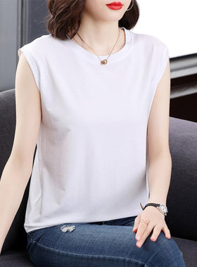 纯棉无袖t恤女夏季2026新款白色背心体恤衫大码胖mm女士上衣服