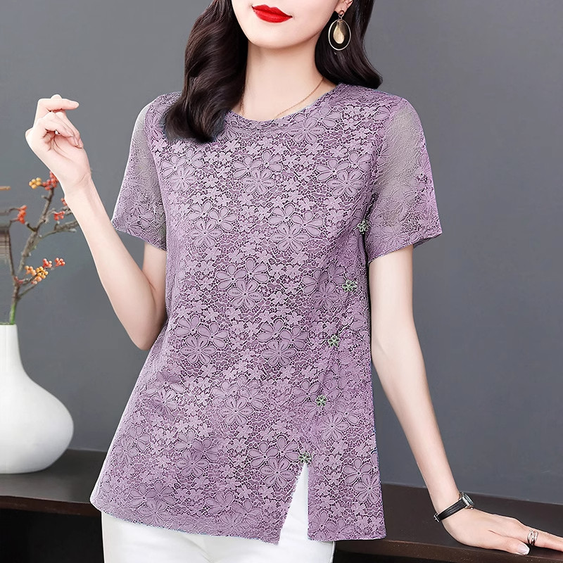 蕾丝女夏装新款洋气妈妈短袖t恤小衫大码胖mm宽松遮肉女士上衣服,女装/女士精品,蕾丝衫/雪纺衫,淘宝优惠券,粉丝福利购,淘宝优惠卷