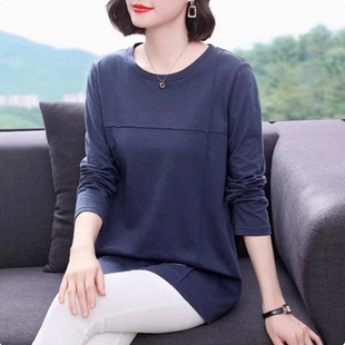 新款 春秋季 洋气妈妈长袖 t恤大码 宽松上衣服 纯棉打底衫 中长款 女装
