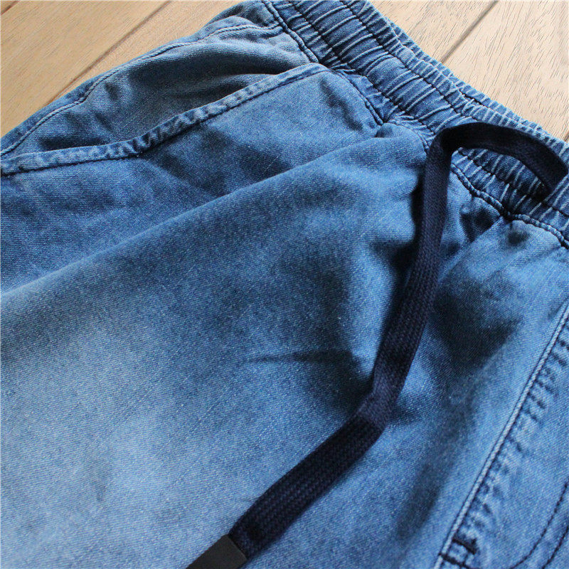 남성용 루즈 스트레이트 힙합 스포츠 신축성 있는 허리 데님 반바지 심플하고 얇은 드로스트링 아메리칸 캐주얼 바지