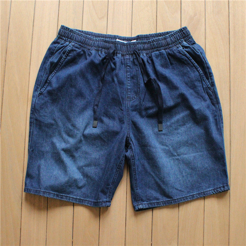 남성용 루즈 스트레이트 힙합 스포츠 신축성 있는 허리 데님 반바지 심플하고 얇은 드로스트링 아메리칸 캐주얼 바지