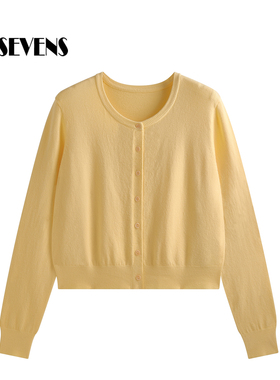 黄色开衫女春秋新款高级感针织毛衣外套气质简约圆领短款外搭上衣