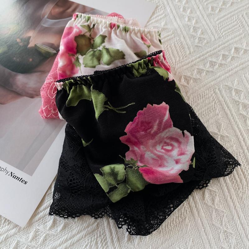 蕾丝边无痕内裤玫瑰印花日系甜美