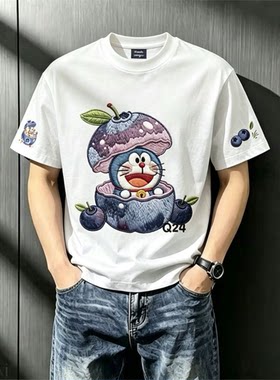 蓝莓叮当猫印花短袖T恤男女夏季2026新款潮流时尚宽松半袖上衣服