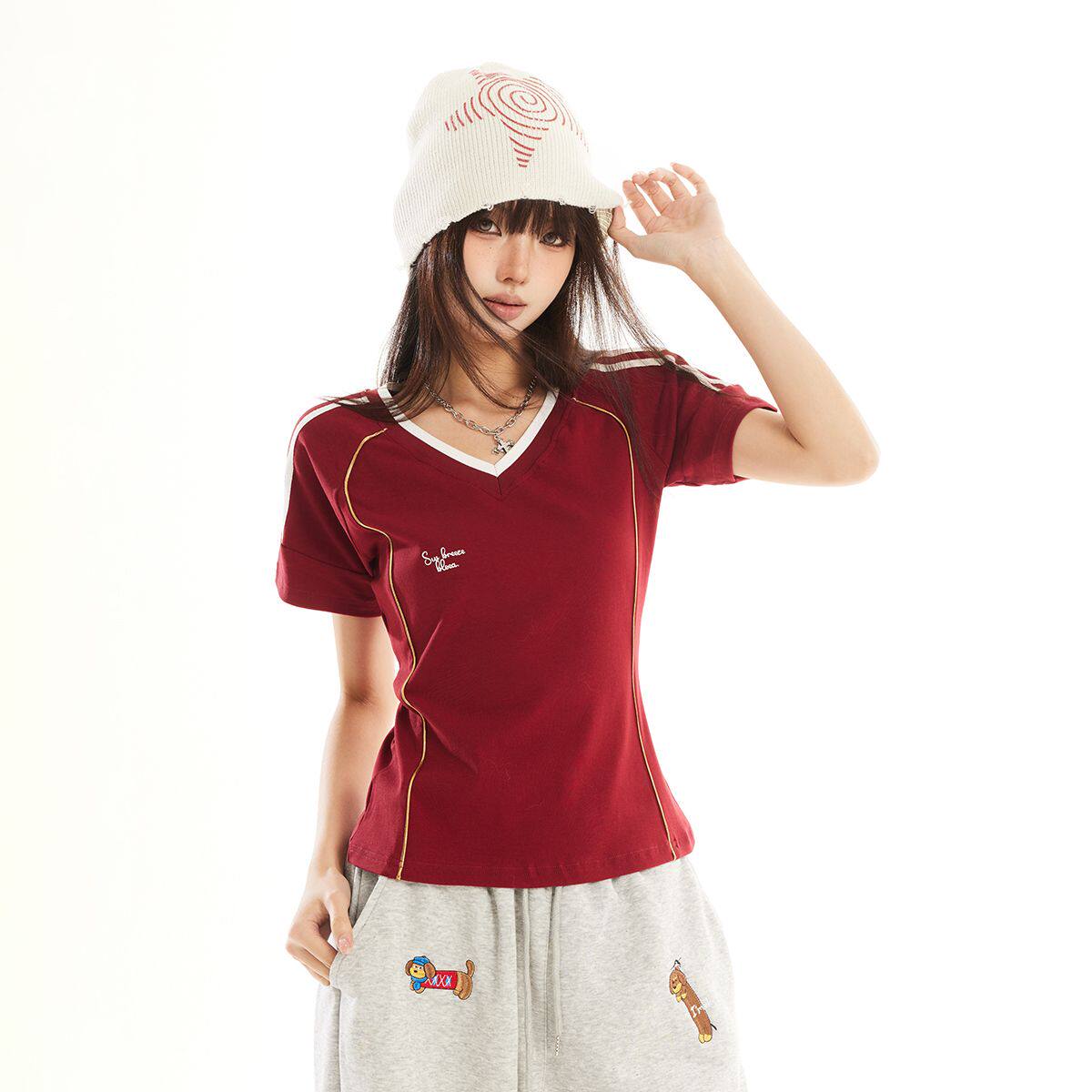 美式蓝色v领正肩短袖t恤女夏夏季设计感修身短款运动球衣半袖上衣