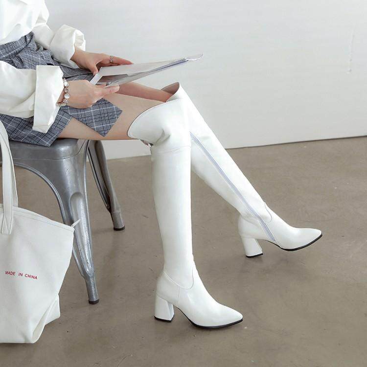 白色美腿长靴女秋冬新款高筒过膝靴侧拉链粗跟中跟骑士靴子,女鞋,骑士靴,淘宝优惠券,粉丝福利购,淘宝优惠卷