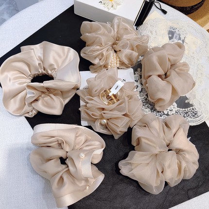 法式缎面褶皱暗粉色花苞大肠发圈女高级感丸子头绳皮筋扎头发绳新