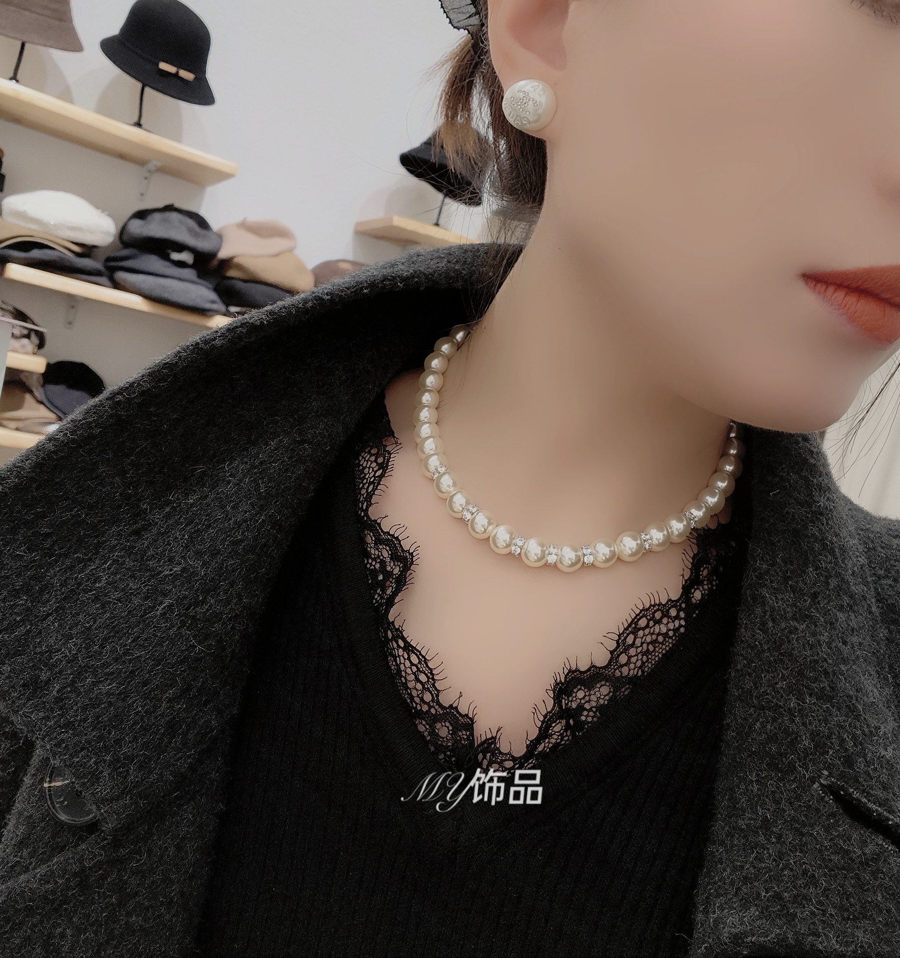 轻奢高级感锁骨链闪钻珍珠颈链2024年新款潮网红毛衣链法式项链潮