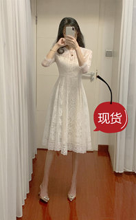ALUONLINESHOP 法式复古白色蕾丝连衣裙女夏高腰初恋裙仙女裙长裙