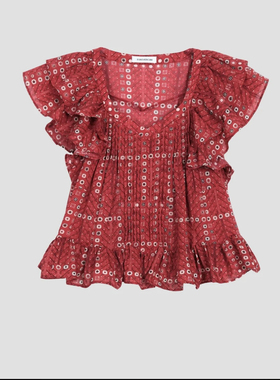 FOREVERCAN“元气甜宠”方形领荷叶边小飞袖压褶衬衫ST23377