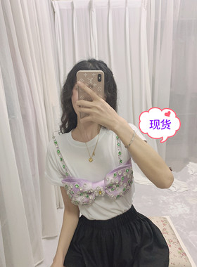 TWO2021夏季新款 重工钉珠抹胸背心+紫色百褶短裙两件套时尚套装