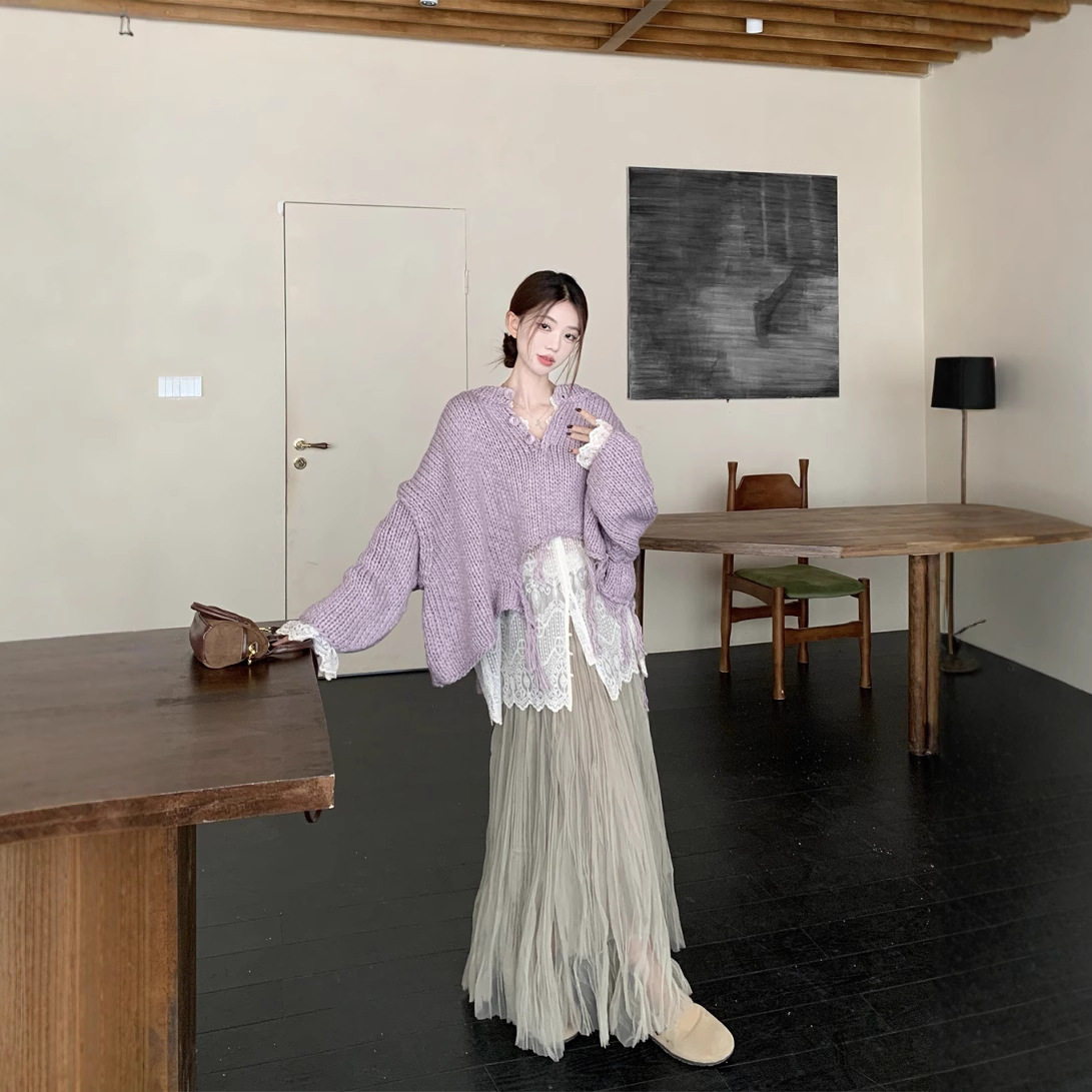 实拍~ 韩版秋冬慵懒超厚手工编织下摆不规则流苏毛衣+纱裙女装